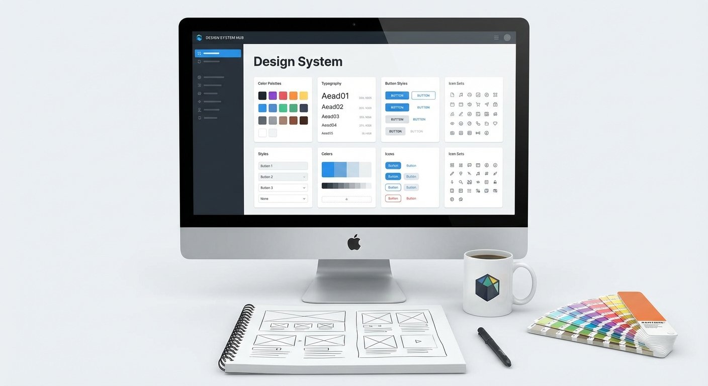Desktop monitor showing design system components alongside a notebook, pen, mug, and color swatches