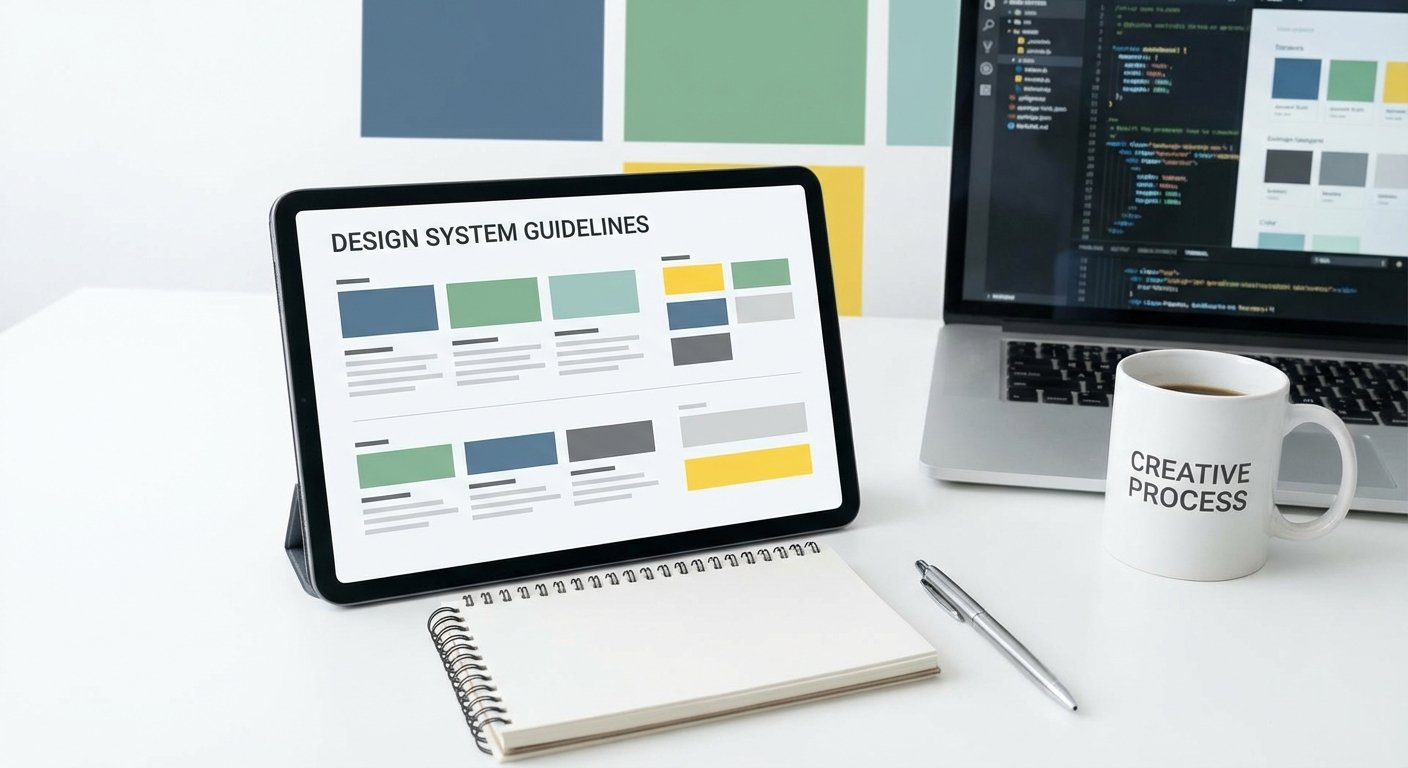 Tablet displaying design system guidelines beside a laptop and coffee mug labeled creative process