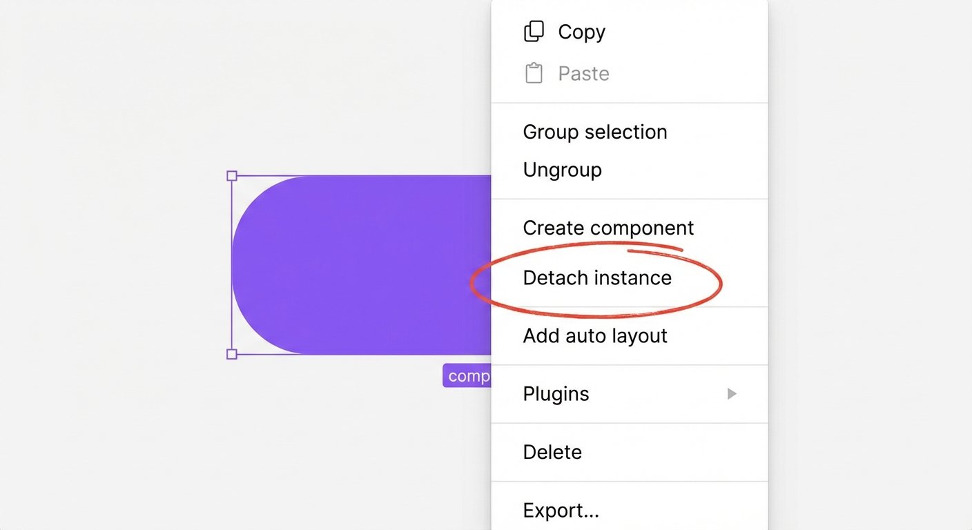 Figma context menu highlighting detach instance action on a purple component