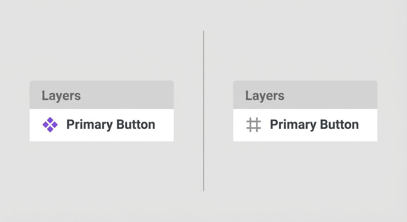 Layers panel comparison showing a linked primary button versus a detached primary button icon