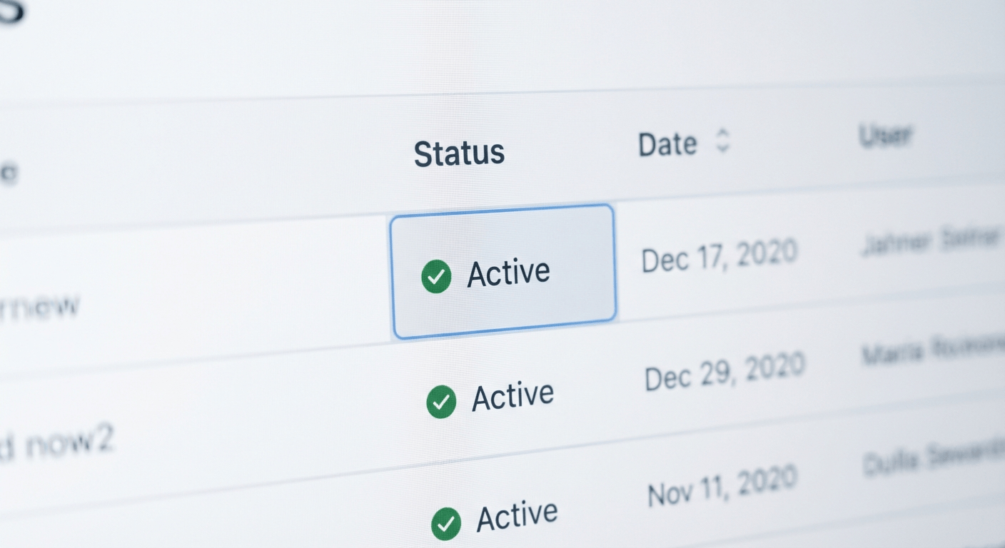 Table UI with status badges, dates, and user names, highlighting an active row