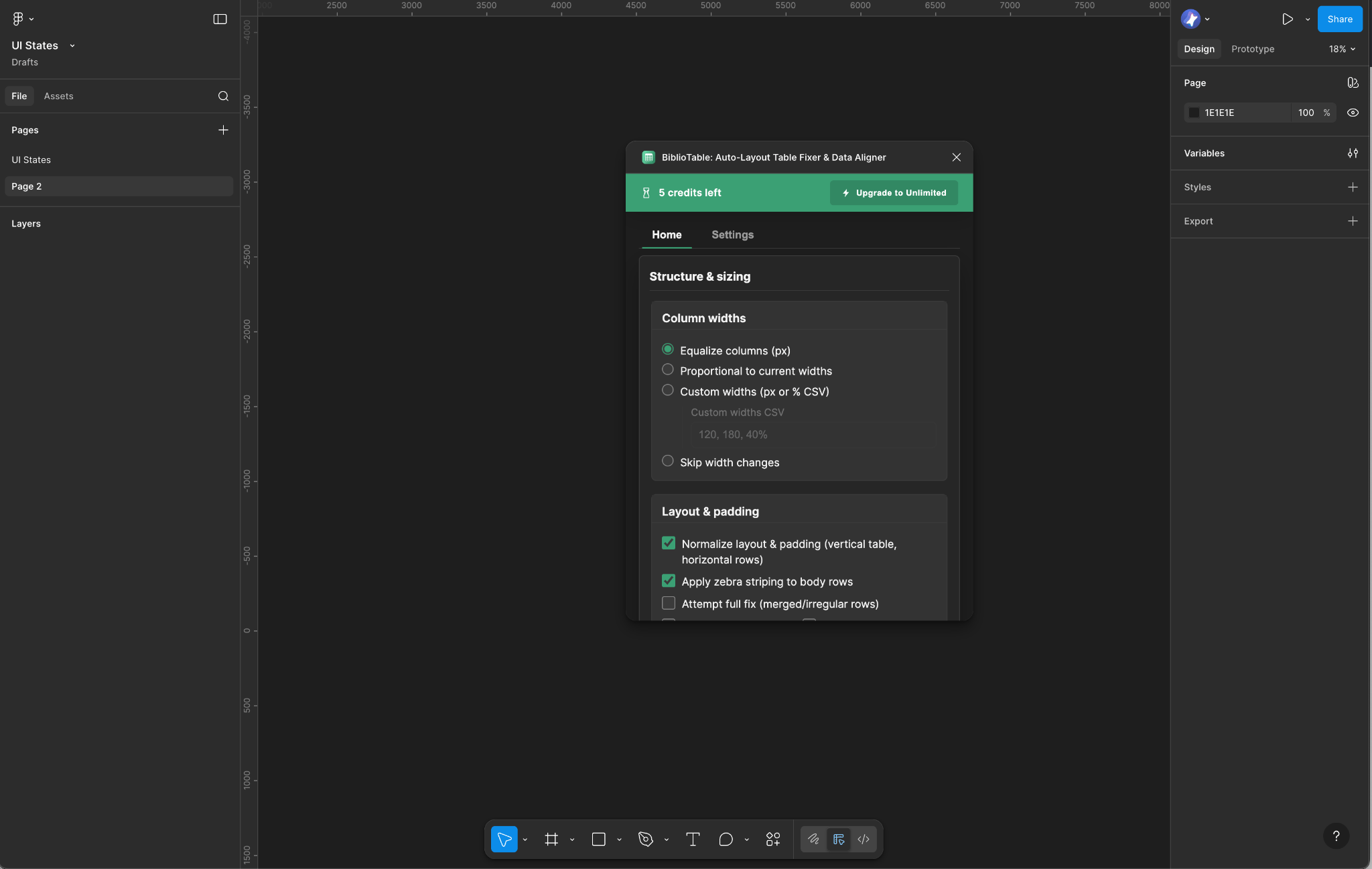 BiblioTable Figma plugin panel showing column width controls, zebra striping, and layout charts