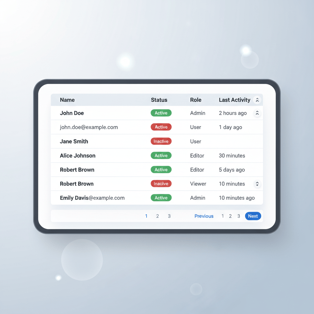 Table UI listing team members with roles and last activity timestamps