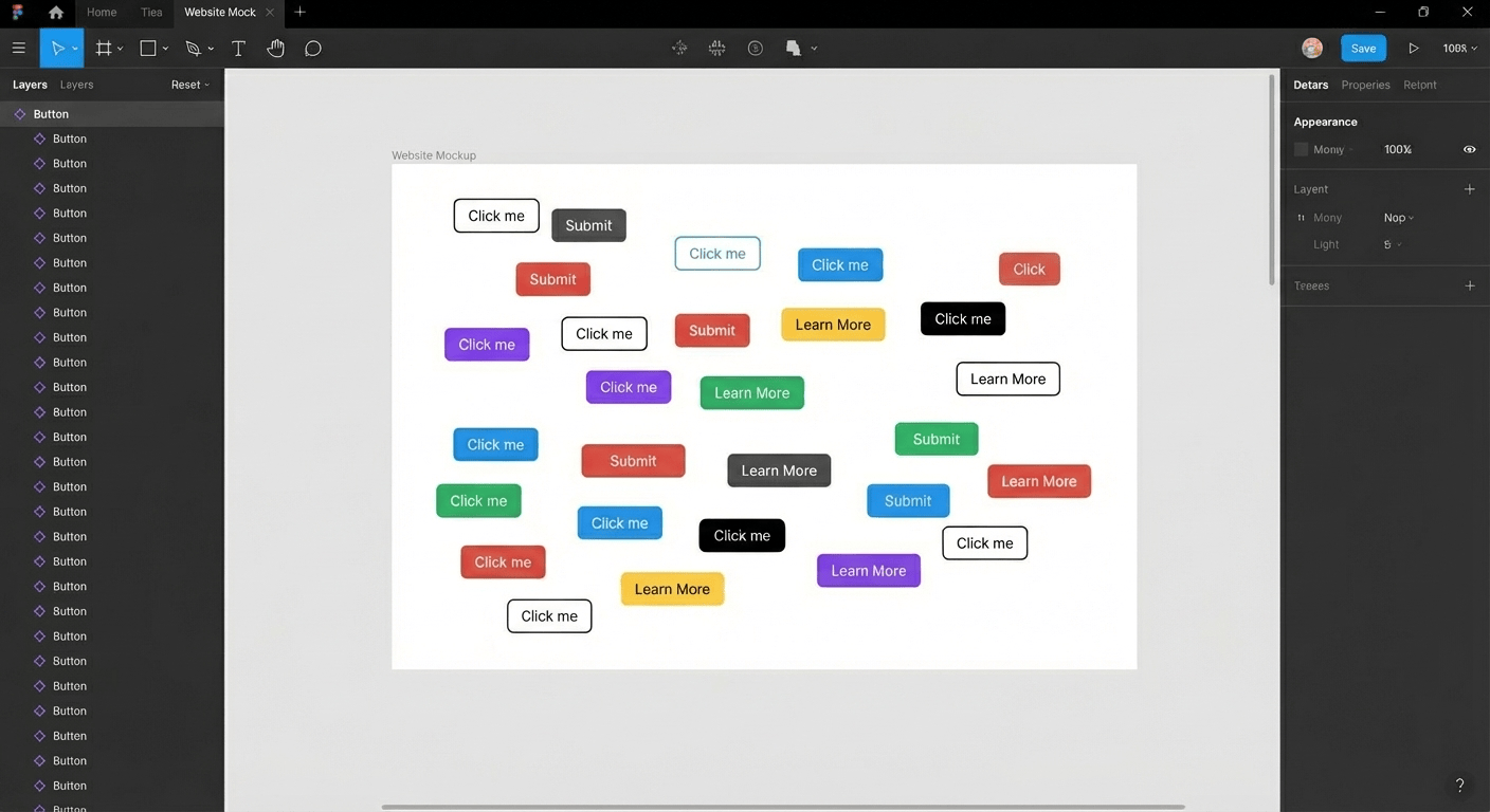 Figma canvas showing a website mockup filled with colorful button styles