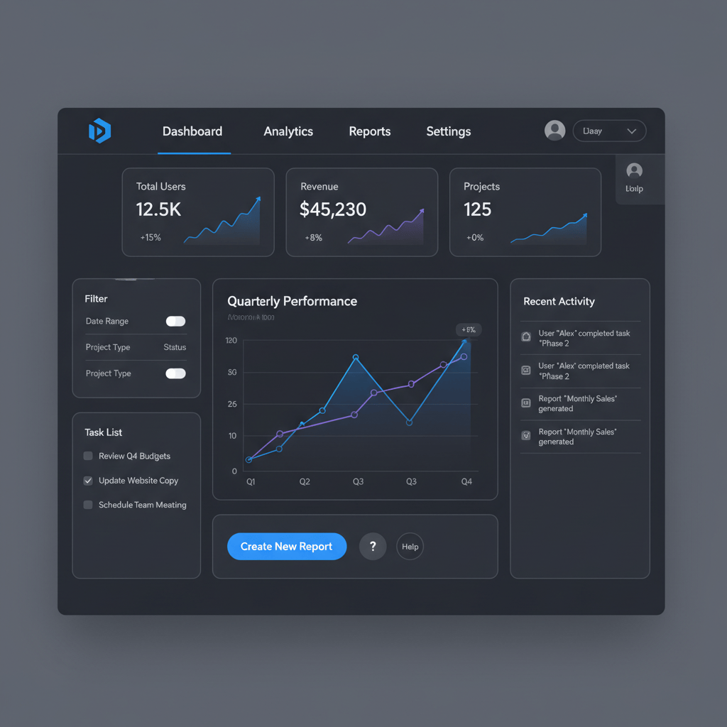 Dark dashboard UI showing toggles, buttons, and charts for state examples