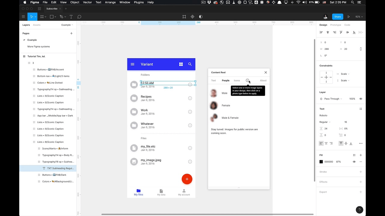 Content Reel plugin window showing sample text and avatars in Figma