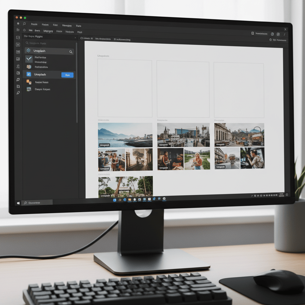Figma UI showing Unsplash plugin panels and a photo grid on a desktop monitor