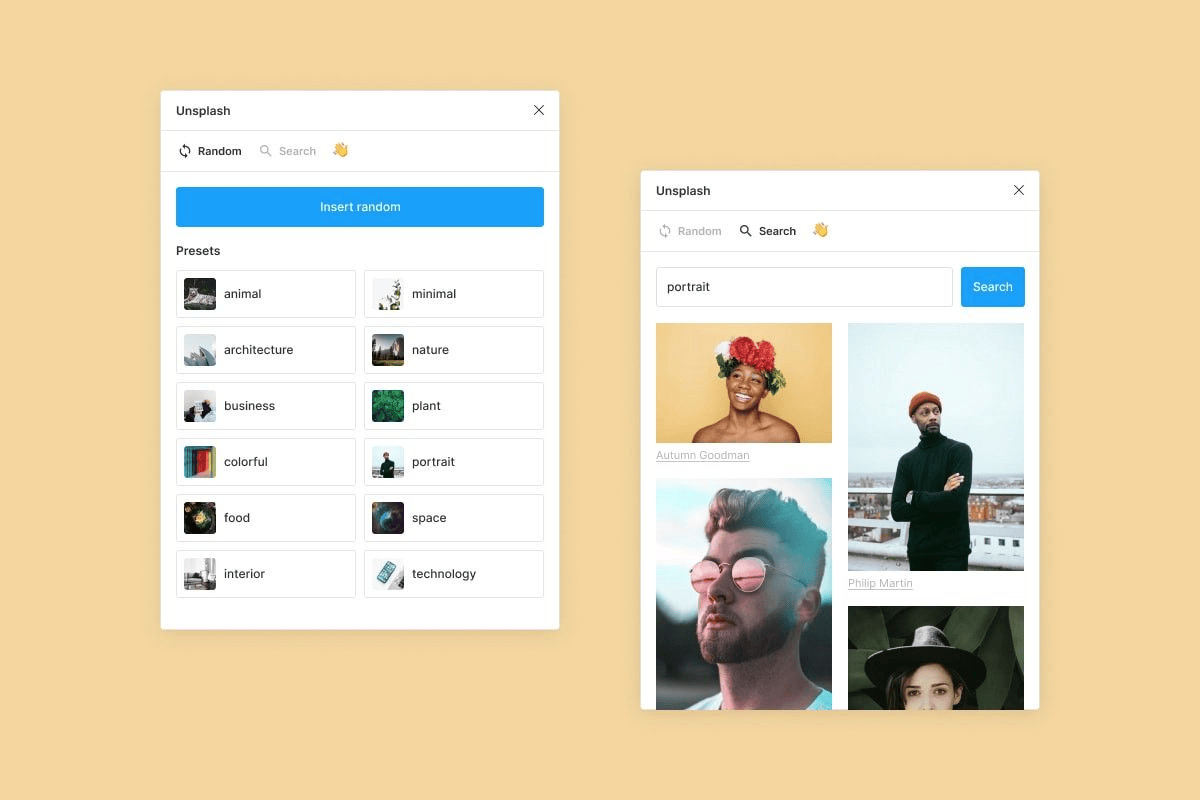Unsplash plugin UI with search and photo presets in Figma