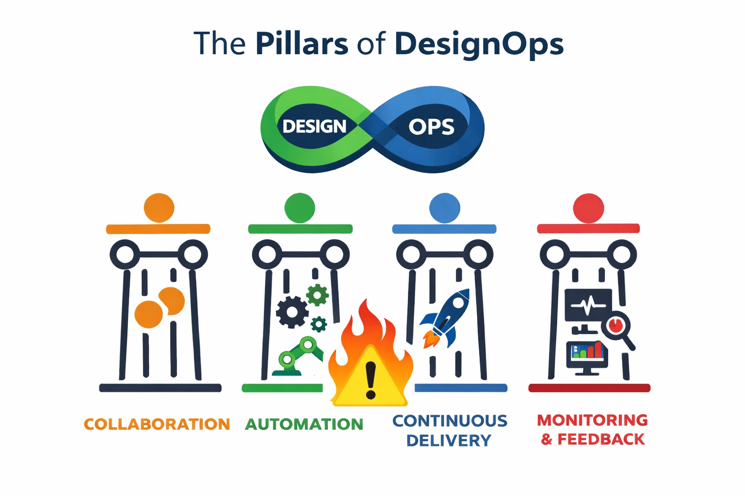 Illustration titled The Pillars of DesignOps with collaboration, automation, continuous delivery, and monitoring icons