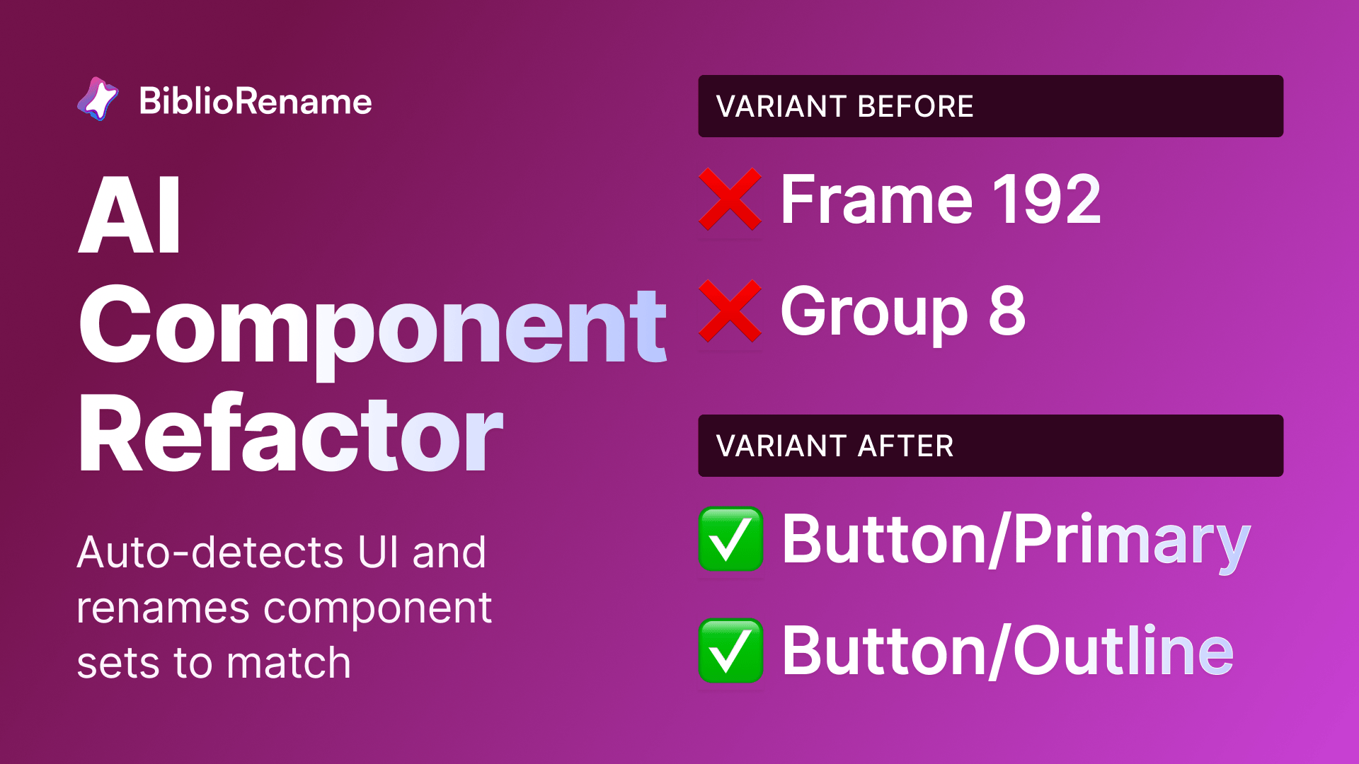 BiblioRename panel in Figma showing AI rename suggestions for layer and variant properties