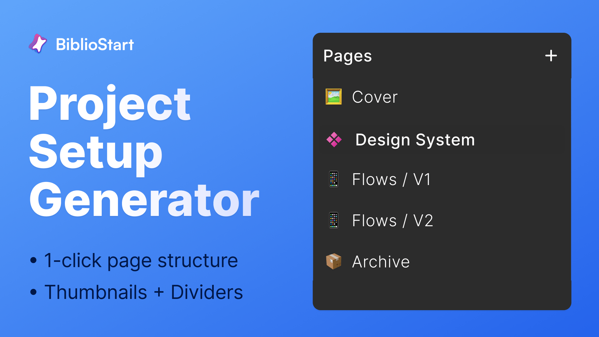BiblioStart setup screen with cover, handoff, and sandbox pages for a new Figma file
