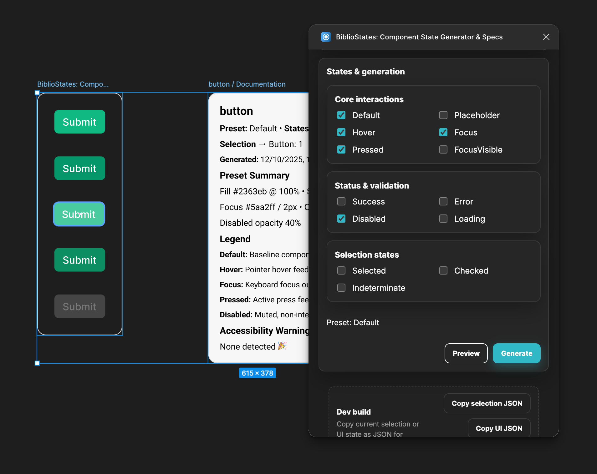 StateBuilder plugin panel showing component state generation and spec card preview in Figma