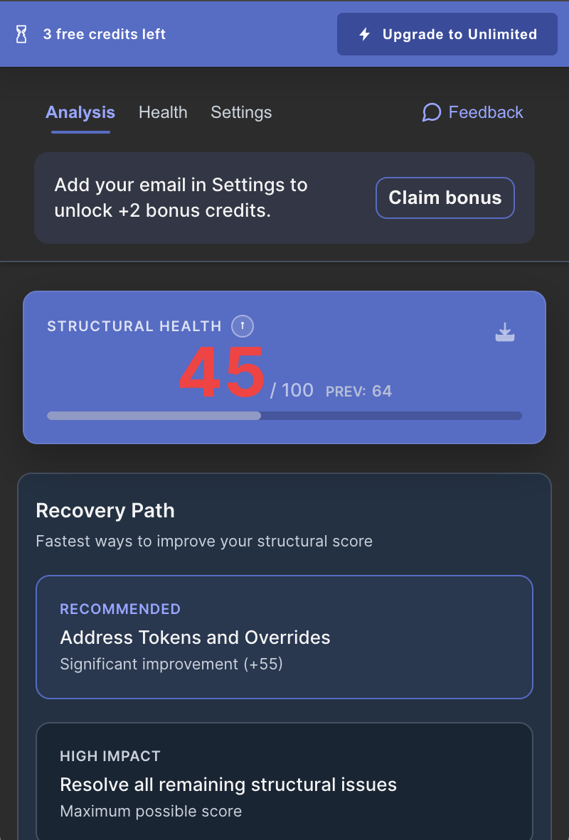 BiblioAudit structural health dashboard showing score, issues, and recovery path.