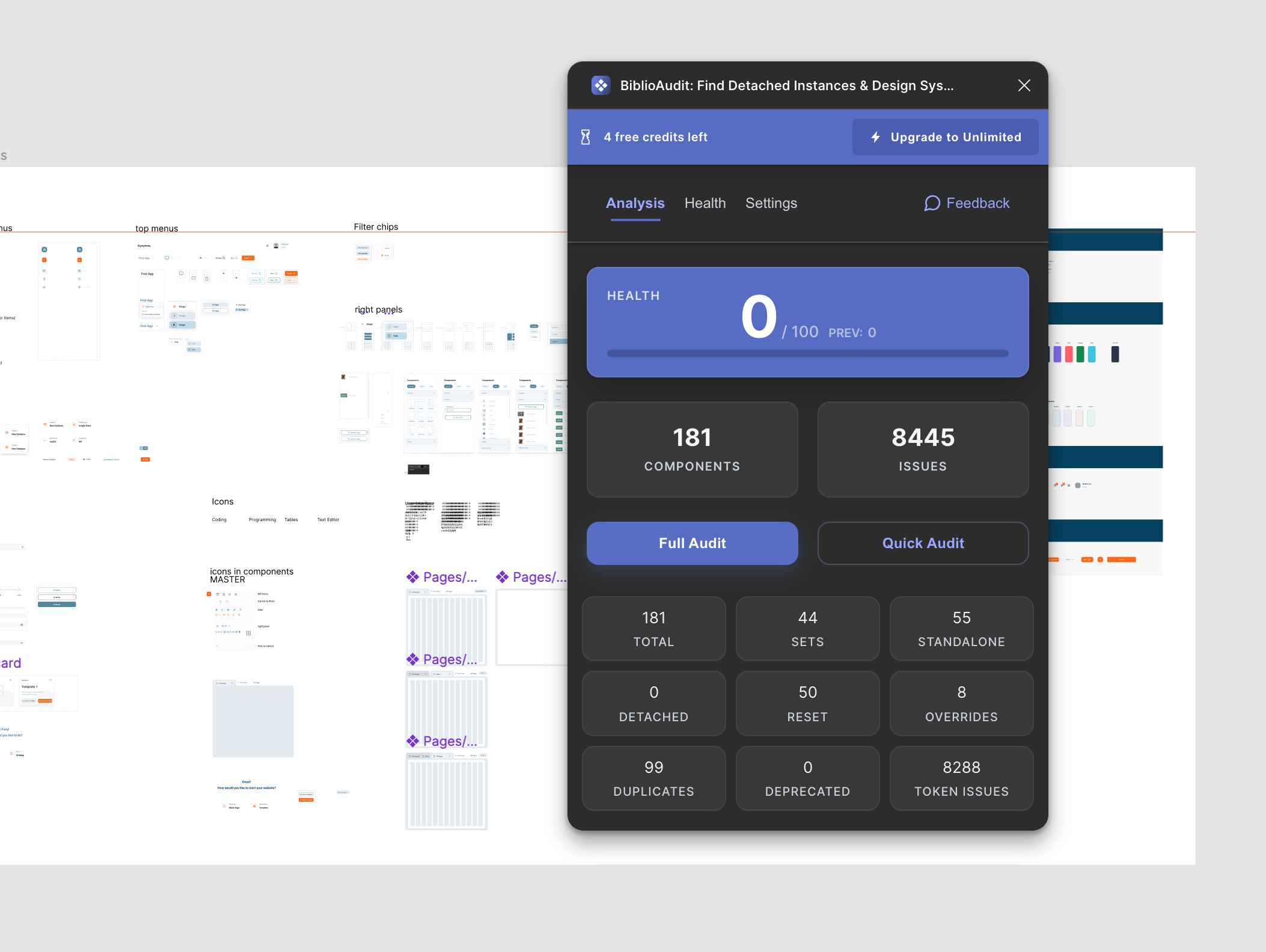 ComponentQA audit results dashboard in Figma showing components and issue counts.