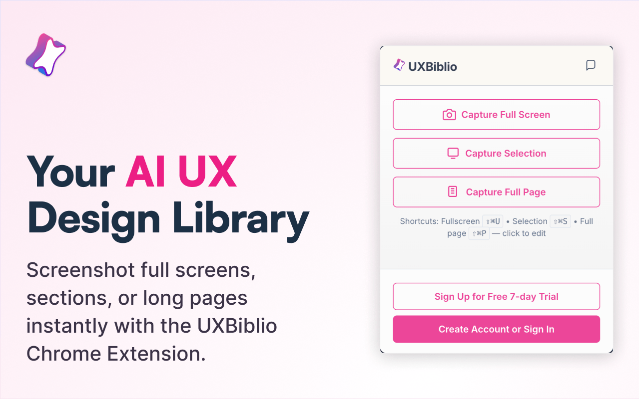 UXBiblio library dashboard with tagged UX pattern cards, filters, and notes